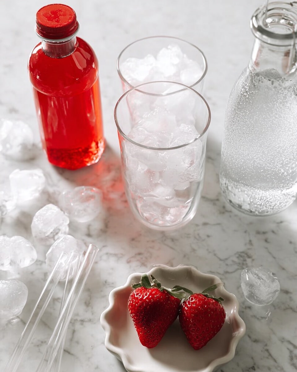 The image shows a white marbled surface with several items arranged on it: a red bottle of strawberry syrup on the left, two clear glasses filled with ice cubes in the middle, a glass bottle with sparkling water and ice on the right, and two fresh strawberries placed on a small white ceramic dish with scalloped edges near the front. There are clear plastic straws lying next to the glasses and scattered ice cubes over the surface. Photo taken with an iphone --ar 4:5 --v 7