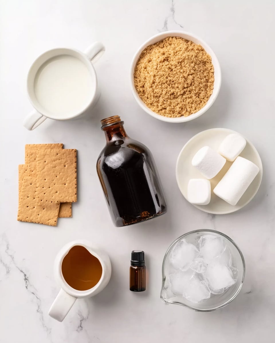 The image shows several ingredients placed separately on a white marbled surface. There is a white cup filled with milk on the top left, a white bowl full of crushed graham crackers at the top right, and two whole marshmallows placed beside the bowl. Below the bowl is a dark glass bottle with a narrow neck, positioned in the center. At the bottom right, there is a white measuring cup filled with ice cubes, and to the left of that is a small white pitcher with caramel sauce inside. To the left of the caramel pitcher, three rectangular graham crackers lay flat on the surface. A small dark bottle with a dropper is placed between the milk cup and graham crackers. Photo taken with an iphone --ar 4:5 --v 7