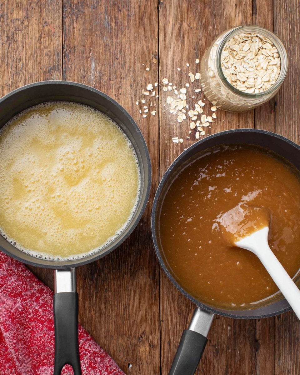 The image shows two black saucepans on a wooden surface; the left saucepan has a light yellow bubbling liquid, almost filling the pan with a frothy texture on top, while the right saucepan contains a thick, smooth brown sauce with some small pieces and a white spatula resting inside, coated with the sauce. A small glass jar with light-colored oats and scattered oat flakes are visible at the top center, and a red and white cloth is partly visible in the bottom left corner. Photo taken with an iphone --ar 4:5 --v 7