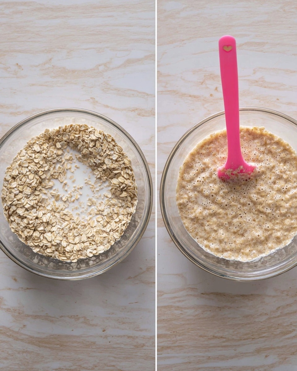 Two clear glass bowls on a white marbled texture, each filled with oatmeal. The left bowl has a layer of dry, pale beige rolled oats mixed with a smaller amount of white liquid being stirred by a pink spatula positioned near the center, its handle extending out to the right side. The right bowl shows the same oats fully mixed into a creamy beige, slightly foamy mixture with the pink spatula in the middle, its handle also pointing right. The wood surface is replaced by the white marbled texture. photo taken with an iphone --ar 4:5 --v 7