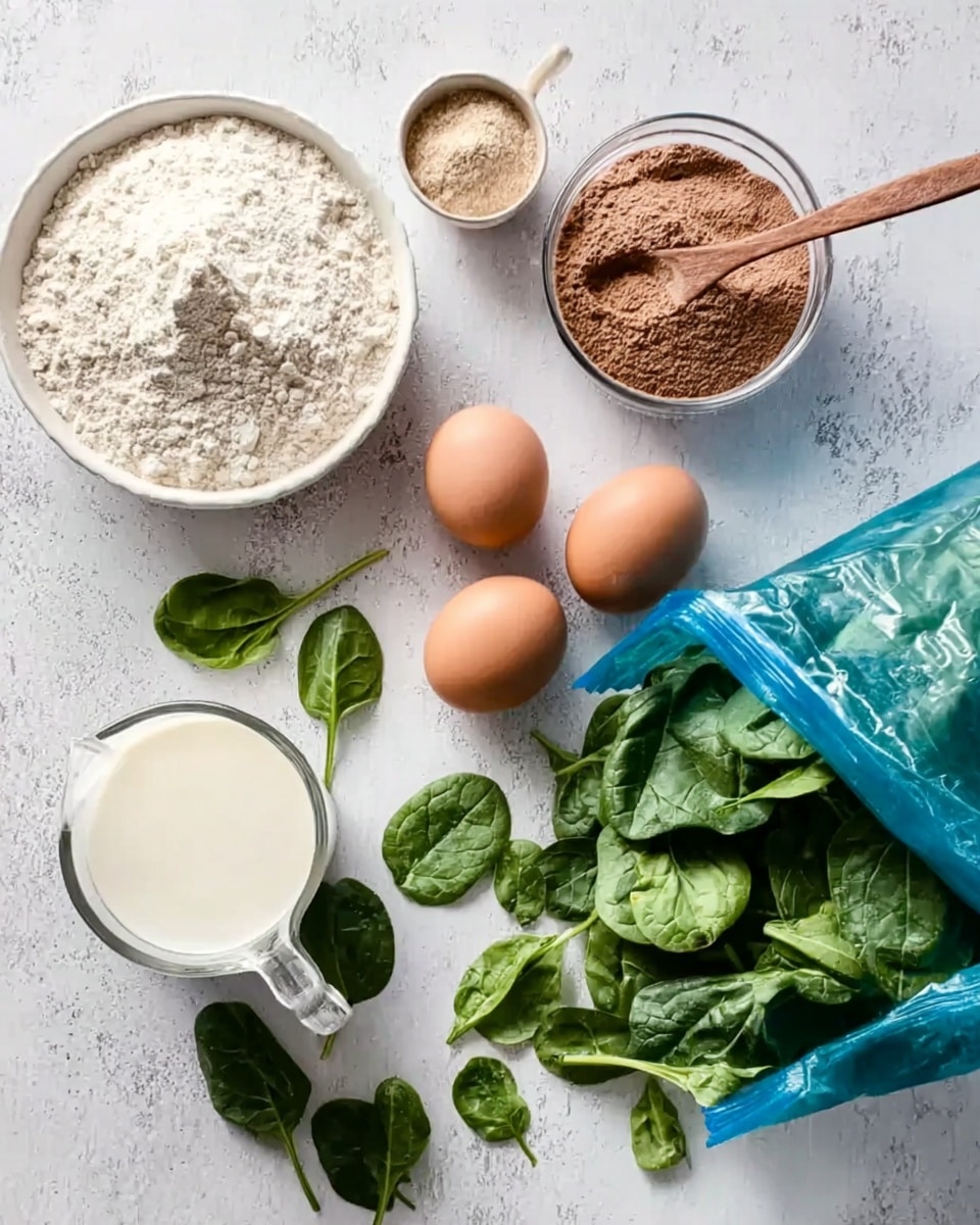 The image shows several fresh ingredients placed on a white marbled surface. Starting from the left, there is a white bowl filled with white flour. Beside it, there is a small bowl of light brown powder and a wooden spoon filled with a similar brown powder. In the center are two brown eggs and some fresh green spinach leaves scattered around. On the bottom left, there is a clear measuring jug filled with white milk. Towards the right side, there is a blue bag tipped over with more fresh green spinach spilling out onto the surface. Photo taken with an iphone --ar 4:5 --v 7