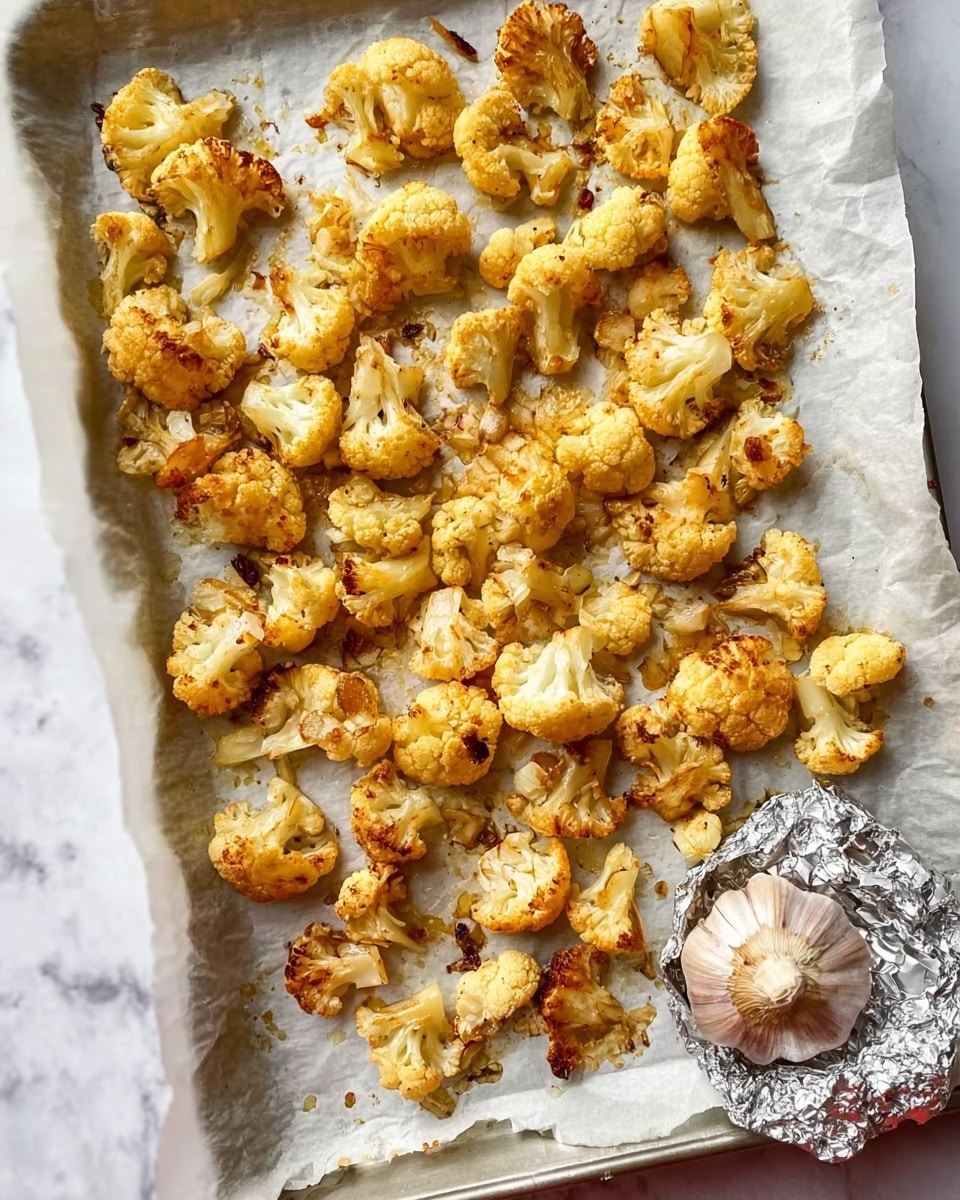The image shows many small golden roasted cauliflower florets spread out on white parchment paper covering a tray, with some peppers giving a light brown color to the cauliflower edges. In the lower right corner, there is a whole garlic bulb, slightly toasted, still wrapped halfway in shiny silver foil. The tray is placed on a white marbled surface. Photo taken with an iphone --ar 4:5 --v 7