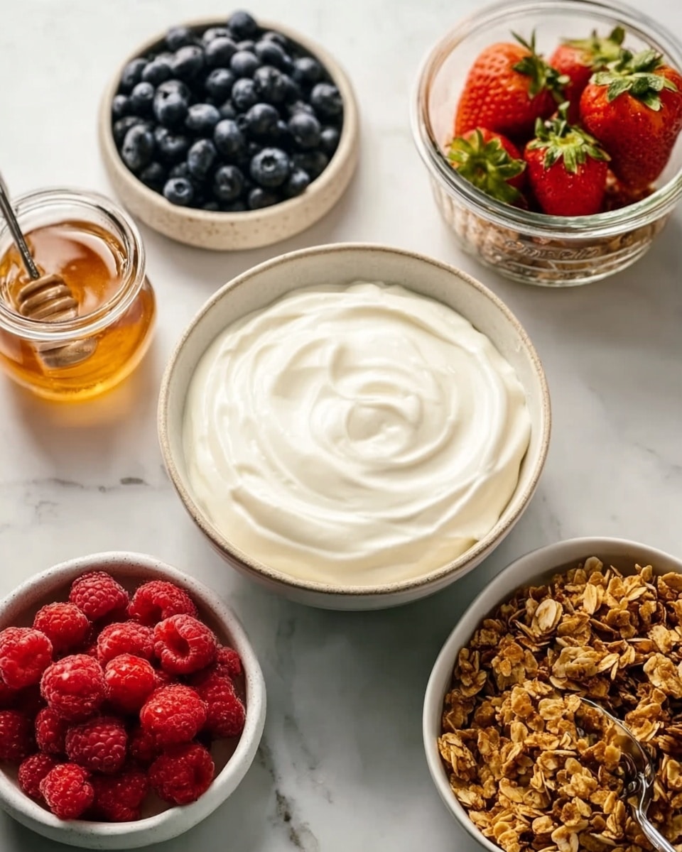 The image shows a white bowl filled with smooth, creamy yogurt with light swirls on top placed on a white marbled surface. Around it, there are smaller white bowls holding layers of fresh blueberries and raspberries, bright red chopped strawberries, and crunchy granola with a golden-brown color. A small glass jar of honey stands behind the yogurt bowl next to a glass jar holding a spoon. A woman's hand is seen reaching towards the bowls. The scene is bright and clean, focusing on the fresh ingredients and inviting textures. photo taken with an iphone --ar 4:5 --v 7