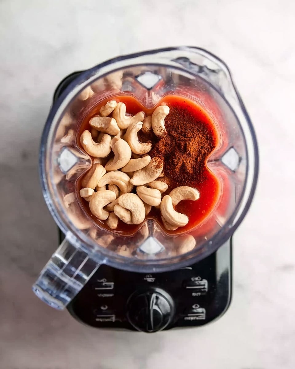 A clear blender jar is filled with light brown cashew nuts on top of a layer of red liquid with dark brown powder sprinkled on one side. The blender sits on a black base with buttons and knobs, placed on a white marbled surface. The image is taken from above, showing the inside details of the blender clearly. photo taken with an iphone --ar 4:5 --v 7