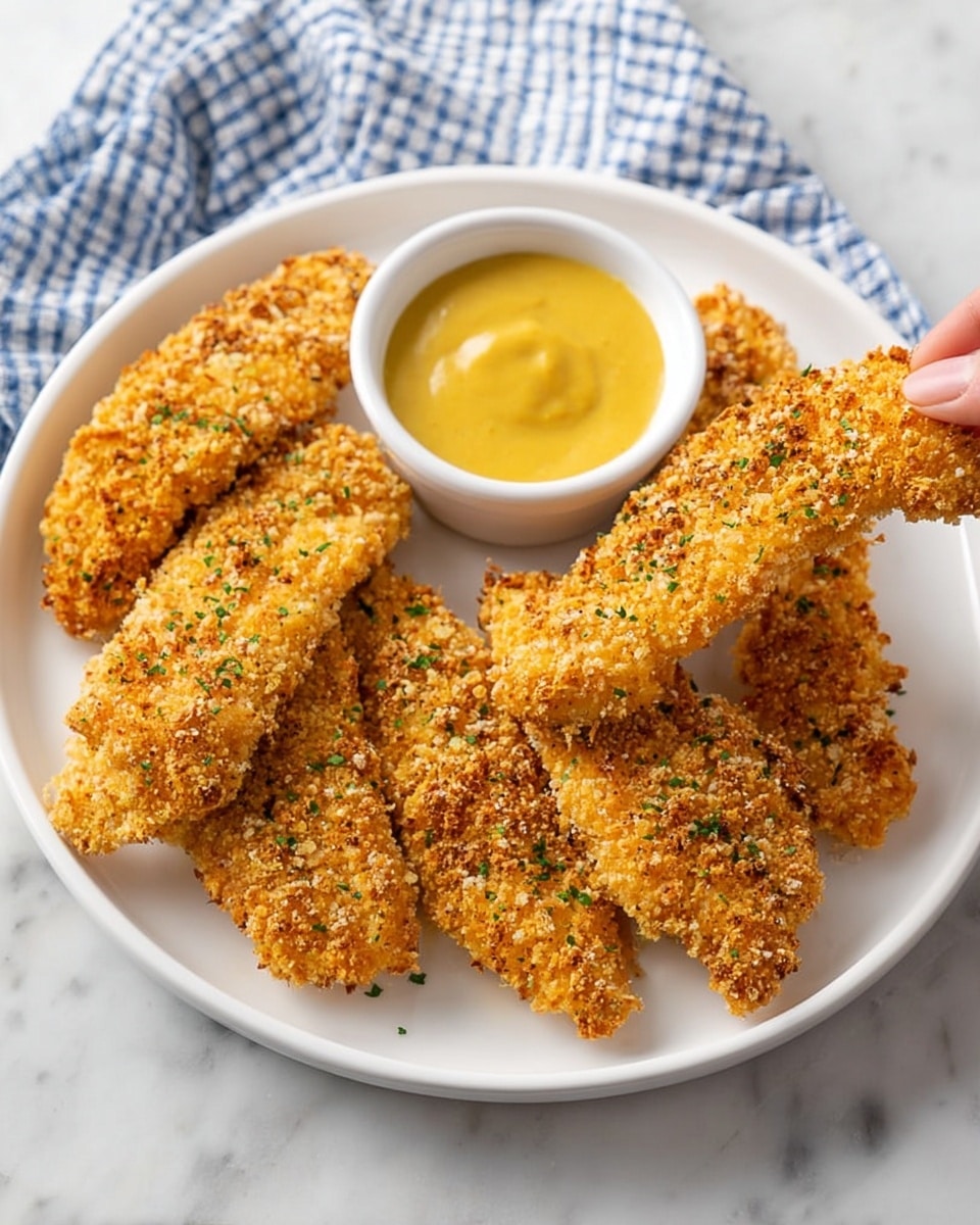 A white plate holds five pieces of golden brown crispy breaded chicken strips, each with a crunchy textured coating sprinkled lightly with green herbs. On the side of the plate is a small white round bowl filled with smooth yellow mustard sauce. A woman’s hand is dipping one chicken strip into the mustard, showing a close look at the crunchy crumb texture. The plate sits on a white marbled surface with a blue and white checkered cloth nearby. photo taken with an iphone --ar 4:5 --v 7