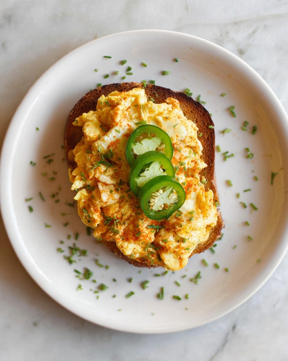 A white plate with small green herb sprinkles holds a single slice of toasted bread as the base layer, topped by a thick, uneven layer of golden-brown scrambled eggs mixed with small white chunks. On top of the eggs, there are three thin, bright green jalapeño slices arranged in a small stack. The plate is set against a white marbled textured surface. photo taken with an iphone --ar 4:5 --v 7