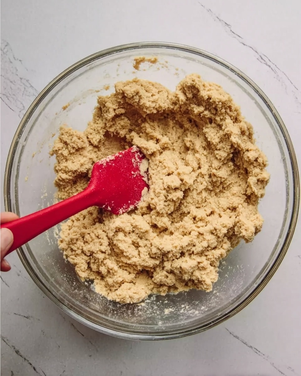 A clear glass bowl filled with a thick, crumbly mixture of light brown dough, with visible chunks and uneven texture throughout, resting on a white marbled surface. A red silicone spatula is partially submerged in the dough on the left side, with a woman's hand holding the spatula handle. The overall scene has a simple, clean look with the focus on the dough's coarse and grainy texture photo taken with an iphone --ar 4:5 --v 7