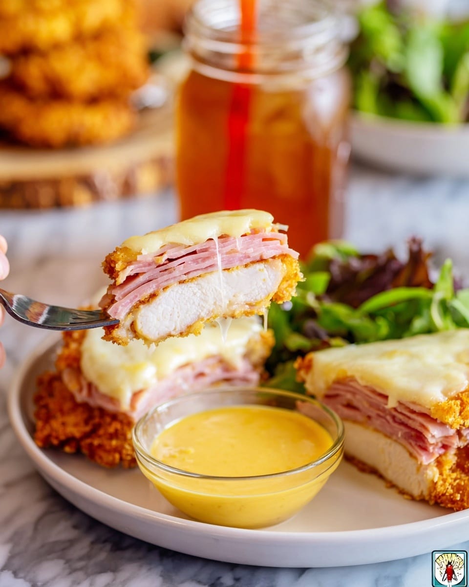 A close-up image shows a white plate with a piece of crispy golden fried chicken topped with melted white cheese and thin layers of pink ham. A woman's hand holds a fork lifting a slice of the chicken with visible layers: a golden crispy crust outside, white tender chicken inside, and folded pink ham layers on one side. This slice is dipped into a small glass bowl filled with smooth, creamy yellow sauce placed on the plate. There is some green leafy salad in the background on the white marbled surface, along with a glass jar filled with iced amber-colored drink. The photo is taken with an iphone --ar 4:5 --v 7