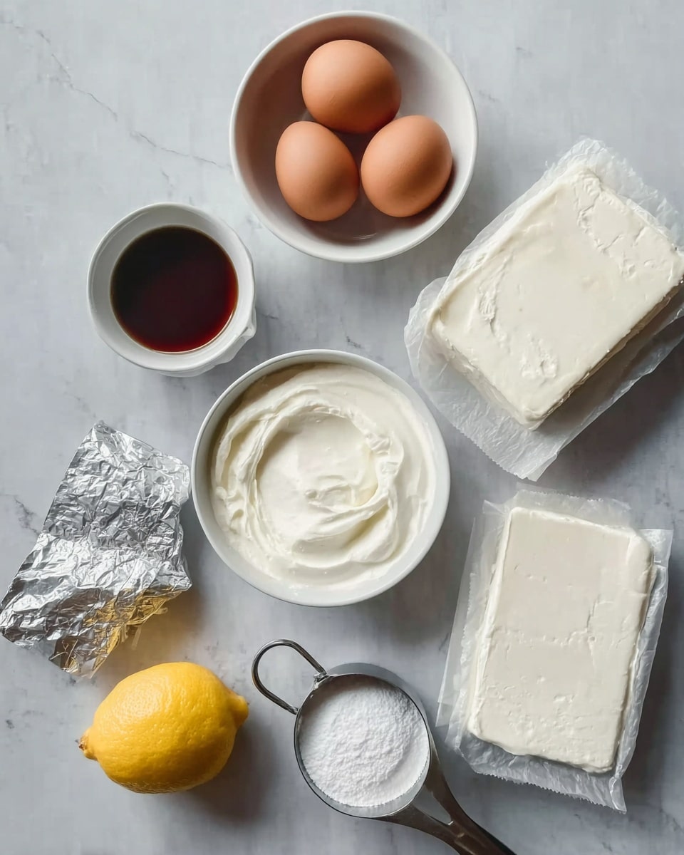 The image shows ingredients for a dessert, placed on a white marbled surface. There are two white bowls; one has three brown eggs and the other is filled with thick white cream. Next to them is a small white bowl with a dark brown liquid, and a half lemon with its yellow inside visible. Two blocks of white cream cheese wrapped partially in foil are placed nearby. Lastly, there is a measuring cup filled with white sugar and a metal handle visible. The items are arranged neatly in a casual layout. photo taken with an iphone --ar 4:5 --v 7