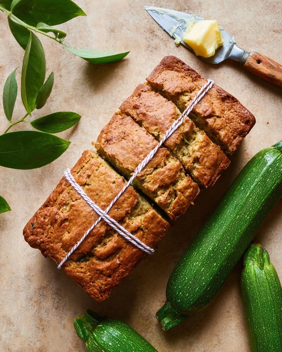 A loaf of golden brown zucchini bread is shown sliced into even pieces, with a white and purple striped string wrapped around it in a cross pattern. The bread's top is textured and slightly cracked with a rough crust. Two whole green zucchinis are placed to the right side of the bread on a beige surface, while a wooden-handled spreader with a silver blade holding a dollop of light yellow butter rests above the bread. Some green leafy branches appear on the left side on the same beige surface photo taken with an iphone --ar 4:5 --v 7