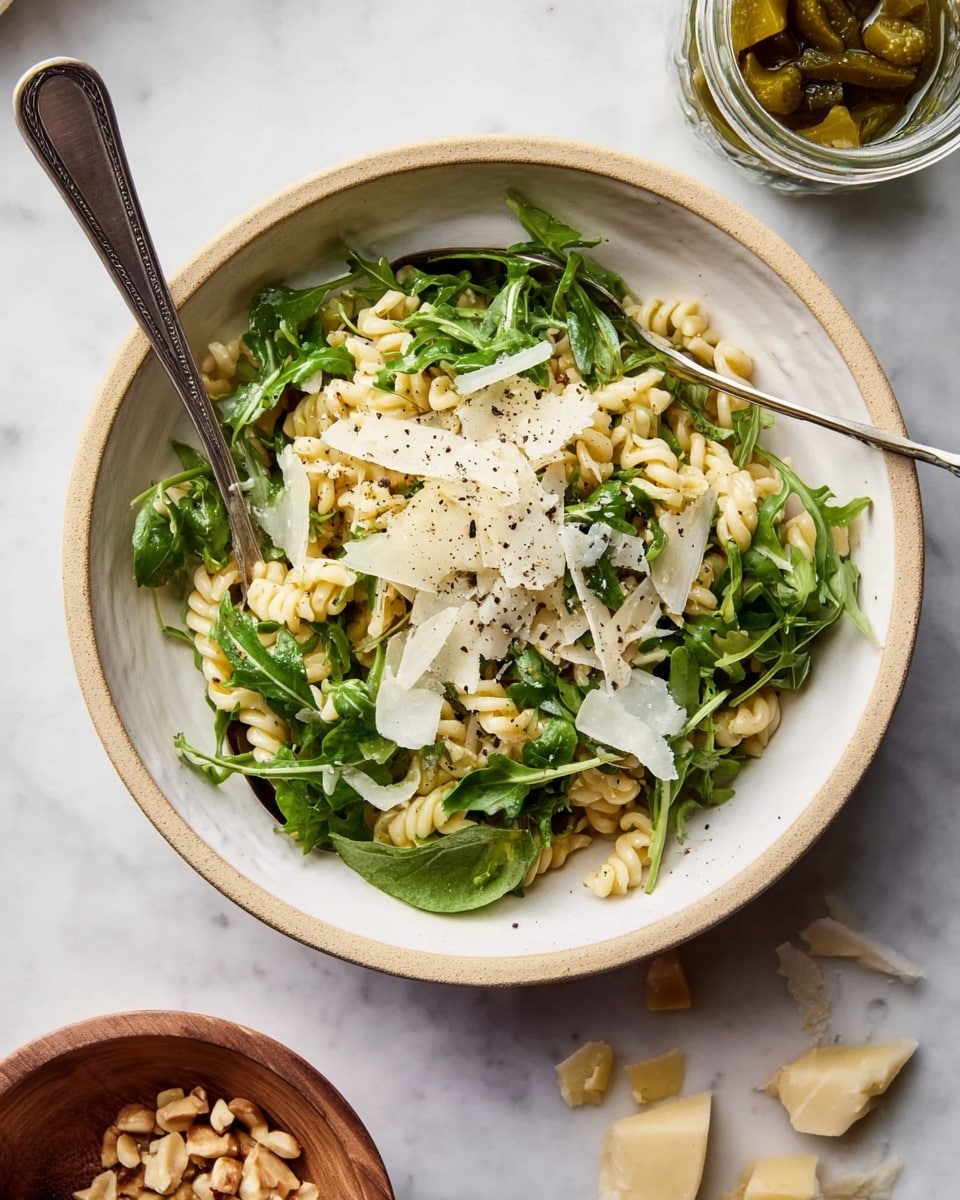 The dish shows a white bowl with a beige rim filled with three main layers: a base of twisted pale yellow pasta, a middle layer of fresh dark green arugula leaves, and a top layer of thin light cream-colored cheese shavings scattered unevenly. Black pepper specks are spread across the pasta and greens. Two metal spoons rest on the left side inside the bowl. The bowl is placed on a white marbled surface with small pieces of chopped nuts in a small wooden bowl at the bottom left and some broken pale yellow cheese chunks at the bottom right, alongside a glass jar filled with greenish pickled vegetables visible at the top right. photo taken with an iphone --ar 4:5 --v 7