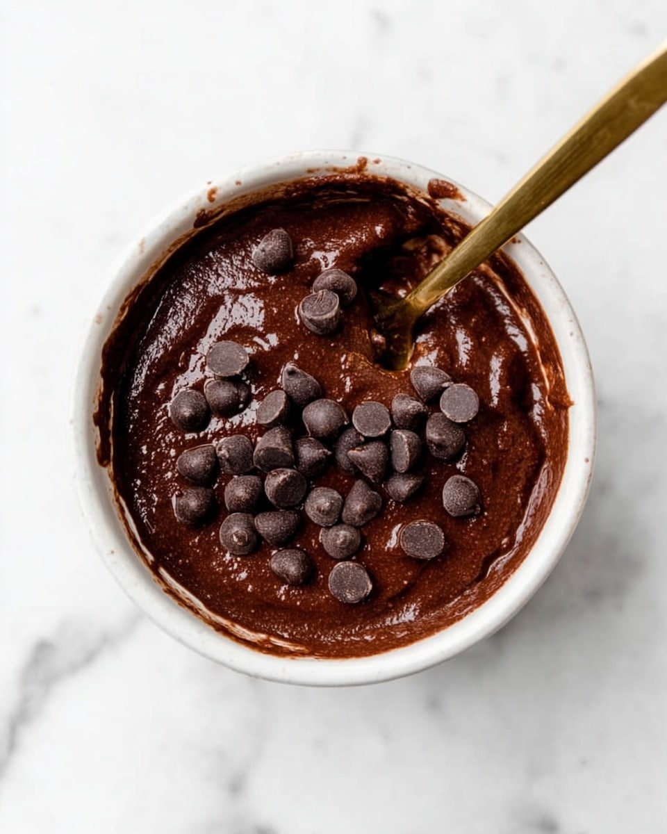 A white bowl filled with thick, smooth dark brown batter with a glossy texture, topped with several shiny dark chocolate chips scattered on the surface; a gold spoon with a long handle is partially dipped in the batter, resting inside the bowl; the bowl is placed on a white marbled texture surface. photo taken with an iphone --ar 4:5 --v 7