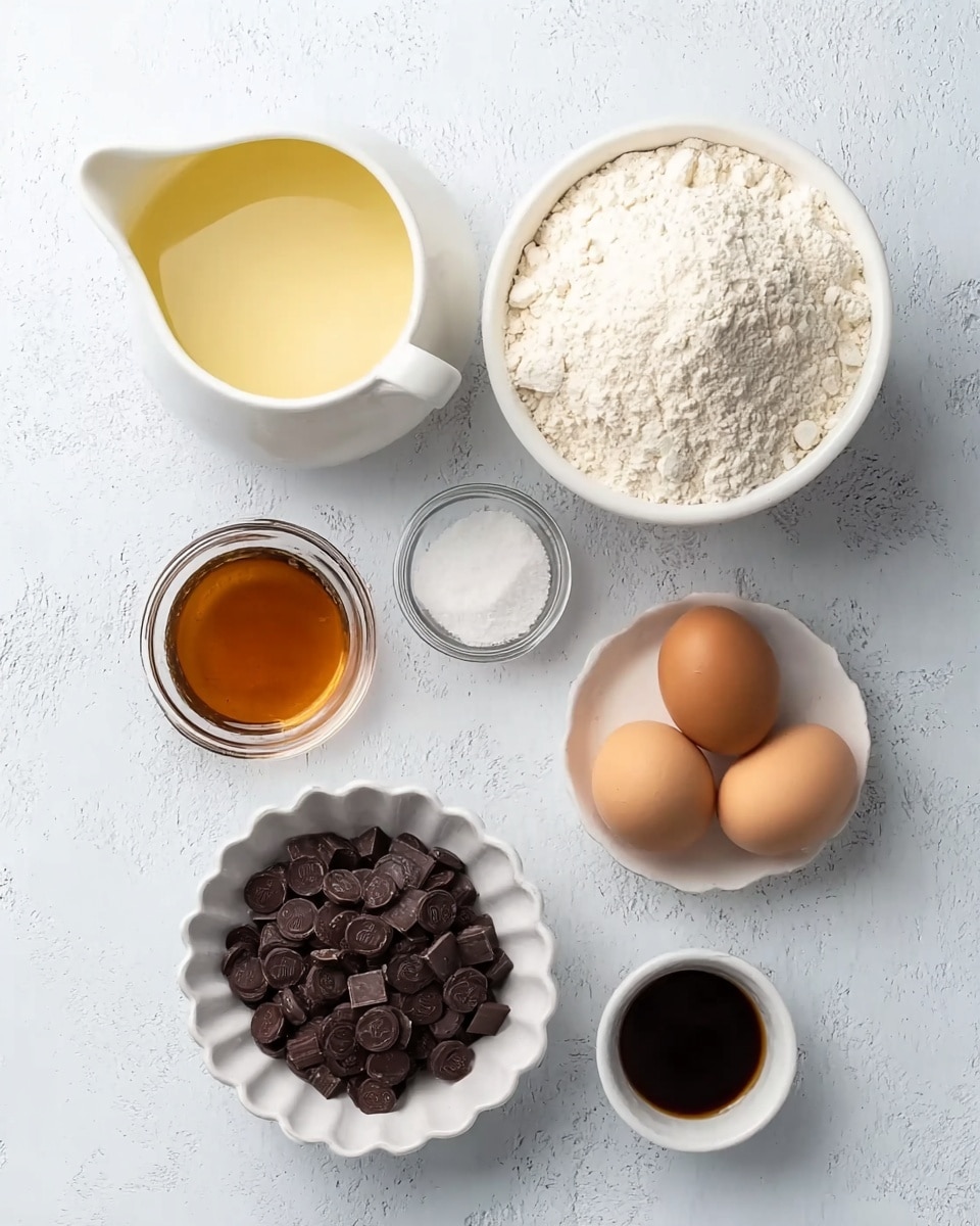 There is a white marbled surface with six containers arranged in a loose grid. At the top left, a white ceramic pitcher holds a light yellow liquid. To its right, a larger white ceramic pitcher is filled with white flour. In the middle row on the left, a small clear glass bowl contains a dark amber syrup. To its right, there is a small white plate holding two brown eggs. At the bottom left, a white bowl is filled with white granulated sugar. To its right, a tiny white bowl has a dark brown liquid inside. Below all of these containers, there is a white, scalloped bowl filled with small, flat dark brown chocolate chips. The background is a soft white marbled texture. photo taken with an iphone --ar 4:5 --v 7