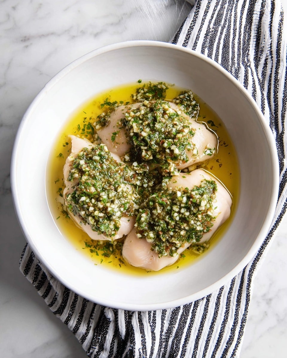 A white bowl sits on a white marbled surface with a black-and-white striped cloth on the right side. Inside the bowl, there are three raw, pale pink chicken pieces placed closely together. They are covered with a layer of green herb sauce mixed with finely chopped white garlic pieces, and the sauce pools around the chicken with a glossy yellow oil base. The chicken looks moist and smooth, and the herb mixture adds a textured top layer that is unevenly spread. Photo taken with an iphone --ar 4:5 --v 7