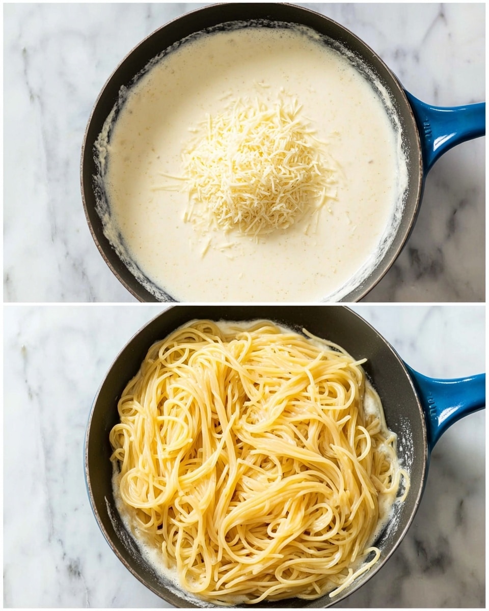 The image shows two views of a deep black pan with a blue handle placed on a white marbled surface. In the first view, the pan contains a creamy, thick white sauce topped with a small pile of finely grated pale yellow cheese in the center. In the second view, cooked pale yellow spaghetti noodles are added over the same creamy white sauce, loosely arranged in a tangled mound covering most of the sauce beneath. The pan edges show slight traces of the sauce. Photo taken with an iphone --ar 4:5 --v 7