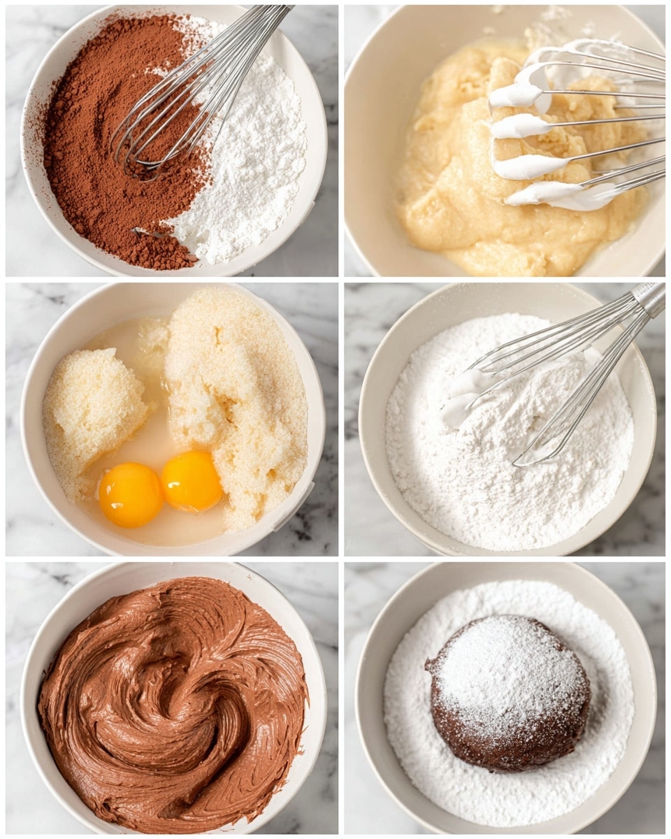 The image shows a six-step process of making chocolate dough balls, arranged in a two-by-three grid on a white marbled surface. The first step (top left) presents a white bowl filled with various dry ingredients including brown cocoa powder and white flour, being mixed with a metal whisk. The second step (top right) features the dough starting to come together, creamy light beige in color, being mixed by white beaters. The third step (middle left) shows the dough with two raw eggs added, again with white beaters stirring, keeping the dough light-beige and moist. The fourth step (middle right) displays a smooth, rich, chocolate-brown dough, swirled in a white bowl. The fifth step (bottom left) depicts a dark chocolate dough ball coated in white sugar, sitting inside a white bowl. The final step (bottom right) features the same dough ball now covered in white powdered sugar in another white bowl. Photo taken with an iphone --ar 4:5 --v 7