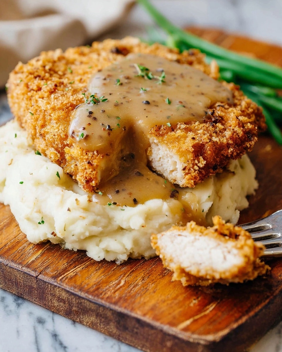 The dish shows a thick, crispy golden-brown fried chicken piece with a textured crust on top. Underneath it is a large helping of creamy mashed potatoes that are white with small green herbs mixed in, creating a soft and smooth layer. The fried chicken has a thick light brown gravy poured over its center, shiny with small black pepper bits visible. On the right side at the back, a few fresh green beans add a pop of color. The meal is placed on a rustic wooden board with a fork holding a slice of the chicken on the bottom right. The background is a white marbled texture photo taken with an iphone --ar 4:5 --v 7