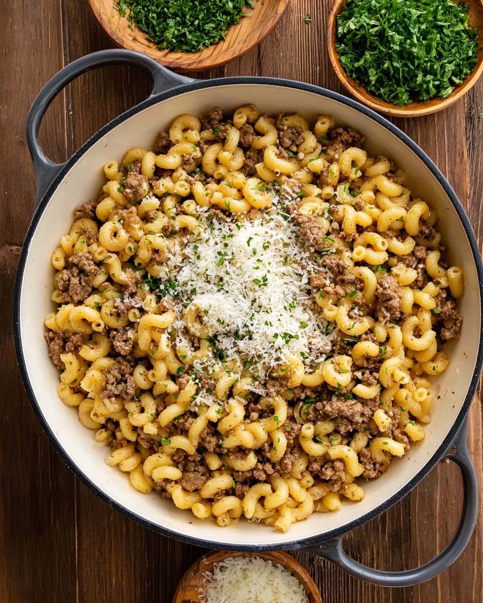 The image shows a white pan with a black rim filled with cooked cavatappi pasta and browned ground meat mixed evenly together. On top of the pasta and meat, there is a sprinkle of finely grated white cheese and some small bits of green herbs scattered mainly in the center. The pan is placed on a wooden surface with two small wooden bowls nearby, one containing green chopped herbs and the other filled with grated cheese, with some fresh parsley visible on the side. photo taken with an iphone --ar 4:5 --v 7