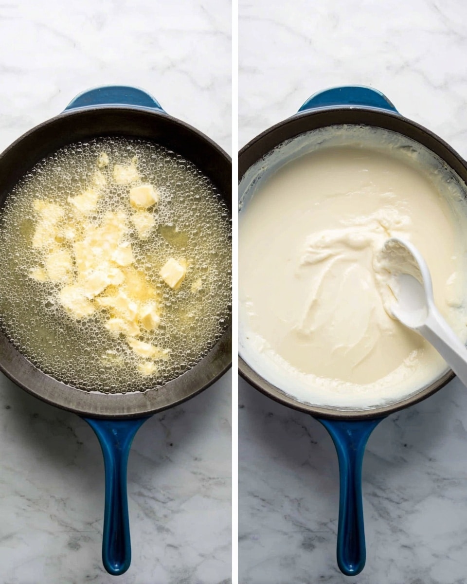 Two side-by-side images show a blue-handled black cast iron pan on a white marbled surface. In the left image, melted butter with light yellow solid chunks is bubbling in clear, hot liquid inside the pan. In the right image, the pan contains a smooth, thick white cream with small light yellow patches and a white spoon resting on top, slightly to the right. photo taken with an iphone --ar 4:5 --v 7