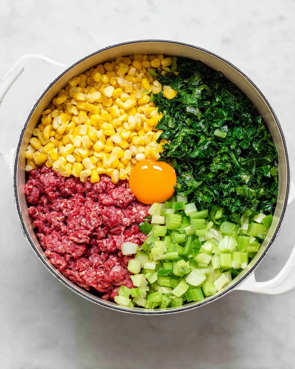 A round white pot filled with four main layers arranged side by side: a bright yellow layer of corn kernels at the top left, a deep red layer of raw ground meat at the top right, a fresh dark green layer of chopped leafy greens at the bottom left, and a lighter green layer of chopped celery or similar green vegetables at the bottom right. In the center, an orange raw egg yolk sits on top of the meat layer. The pot is placed on a white marbled surface. photo taken with an iphone --ar 4:5 --v 7