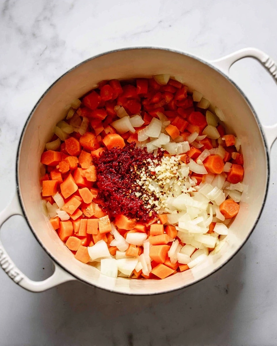 A white pot filled with a mix of chopped orange carrots and translucent white onions spread evenly around the inside. In the center, there is a small pile of red tomato paste, finely chopped white garlic, and a sprinkle of dark red chili flakes. The pot is set on a white marbled surface. photo taken with an iphone --ar 4:5 --v 7