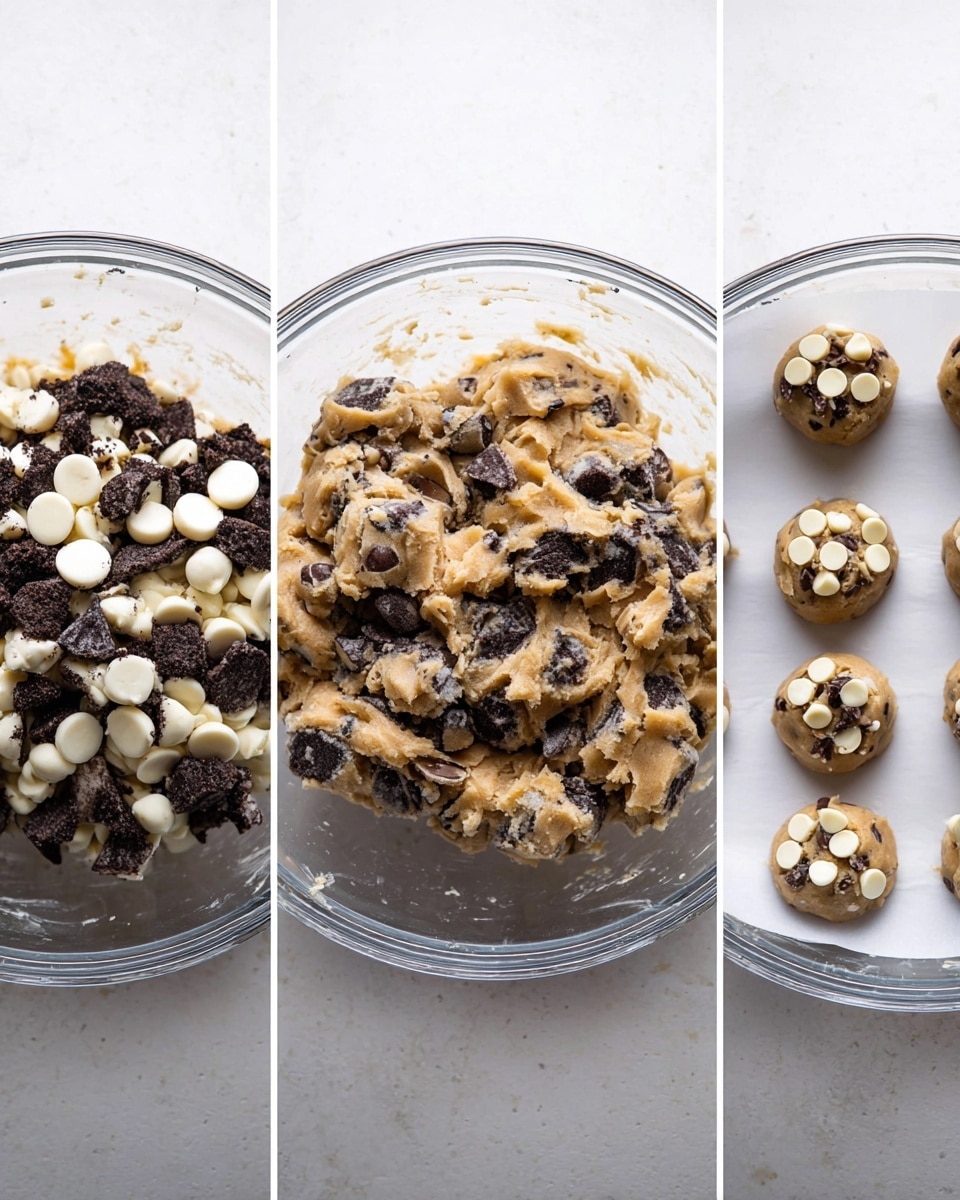 The image shows three stages of making cookies, each in a clear glass bowl or on white parchment paper against a white marbled background. The first layer on the left is a close-up of cookie dough with many white chocolate chips and large chunks of dark chocolate cookies sitting on top, showing a rough texture. The middle layer shows the dough fully mixed, with a light brown color and dark cookie pieces spread evenly throughout, creating a chunky and creamy look. The right side shows small round clumps of dough on white parchment paper, each topped with several white chocolate chips and bits of dark cookie, arranged in neat rows, ready to bake. Photo taken with an iphone --ar 4:5 --v 7