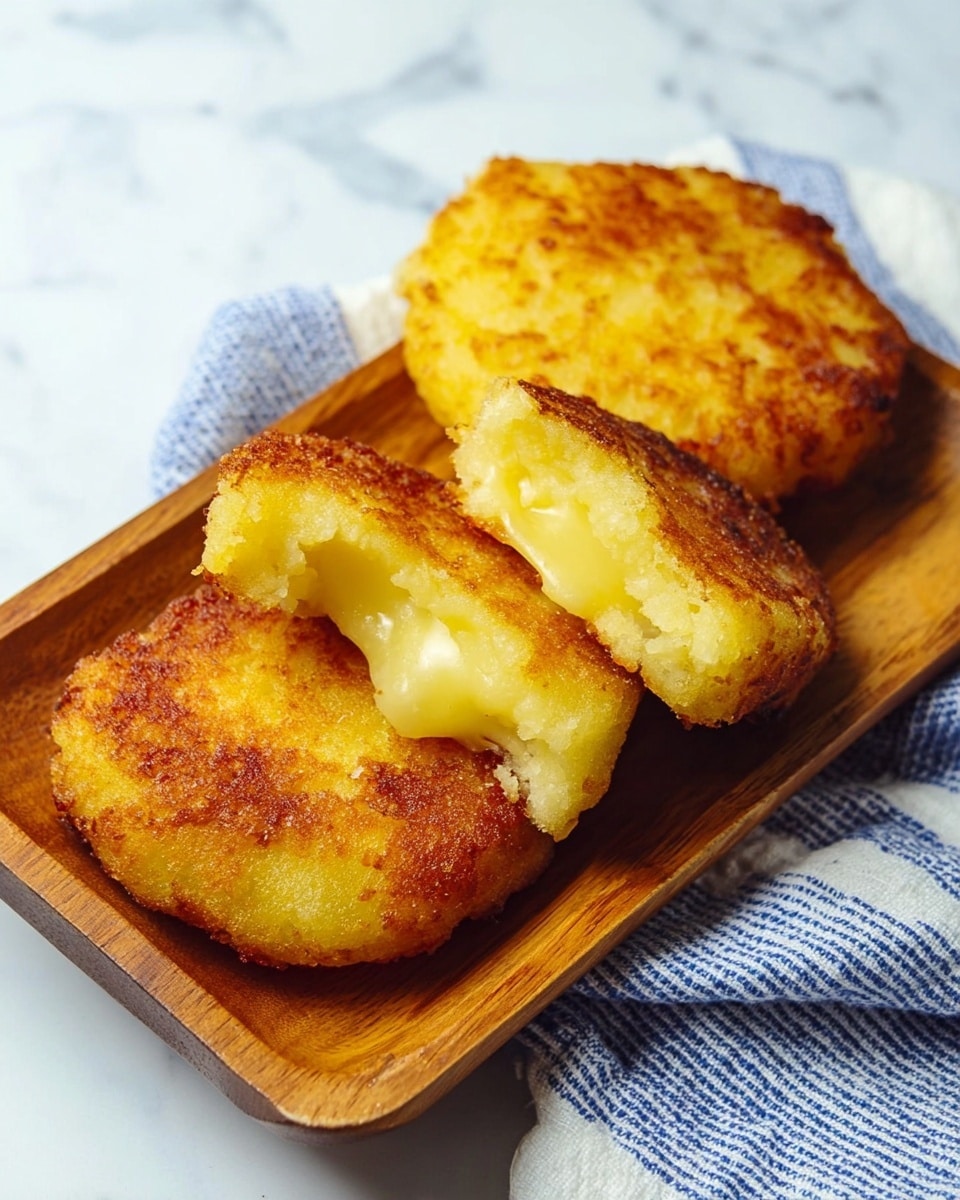 The image shows three pieces of fried golden brown patties on a small rectangular wooden tray. One patty is whole with a rough and crispy surface, while the other two are broken open to show a soft and light yellow inside with a slightly uneven texture. The tray rests on a white marbled surface with a blue and white striped cloth partially visible. Photo taken with an iphone --ar 4:5 --v 7