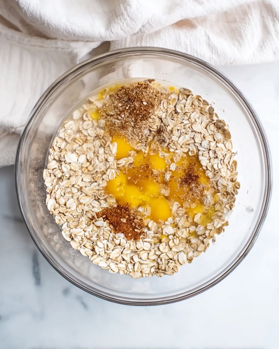 A clear glass bowl sits on a white marbled surface, filled with layers of ingredients for baking. The base layer is made up of light beige rolled oats which cover most of the bowl. On top of the oats are bright yellow egg yolks clustered in one area, surrounded by a few light brown spices scattered unevenly in a circle. There is some clear liquid around the oats giving a wet texture. A white cloth is partly visible in the background. photo taken with an iphone --ar 4:5 --v 7