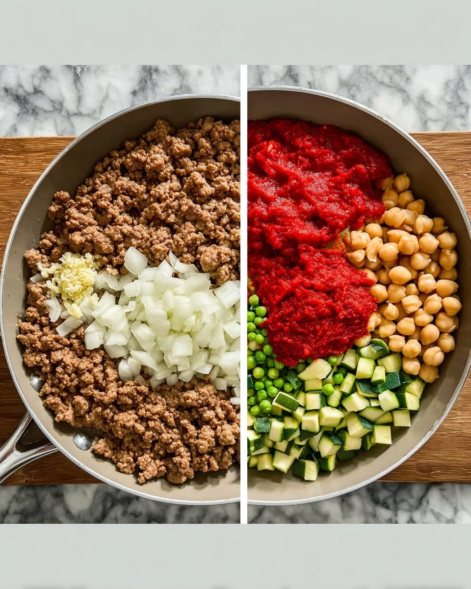 A light gray frying pan sits on a white marbled surface. On the left side, there is a layer of cooked brown ground meat, with a section of diced white onions below it. Next to the onions is a small amount of minced garlic, all resting on the pan's flat surface. In the second image, the same pan now has six separate layers: cooked brown ground meat in the bottom center, chopped green zucchini pieces on the top right, light orange chickpeas on the top left, bright green peas below the chickpeas, a red scoop of tomato paste near the middle, and a pile of crushed red tomatoes to the right of the tomato paste. The colors are all rich and distinct, and the pan remains on the same white marbled surface. photo taken with an iphone --ar 4:5 --v 7