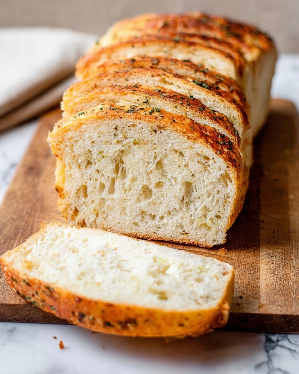 The image shows a loaf of bread sliced into several pieces arranged on a wooden cutting board. The bread has a golden brown crust on top with herbs and a slightly crunchy texture, while the inside is soft and white with small air holes. One slice is lying flat in the foreground, slightly out of focus, and the rest of the slices are stacked evenly behind it, showing the bread’s soft interior and crust details clearly. The background has a white marbled texture. photo taken with an iphone --ar 4:5 --v 7