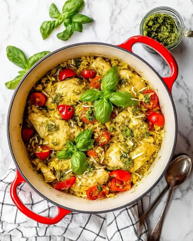 One Pot Loaded Veggie Pesto Chicken and Rice Recipe