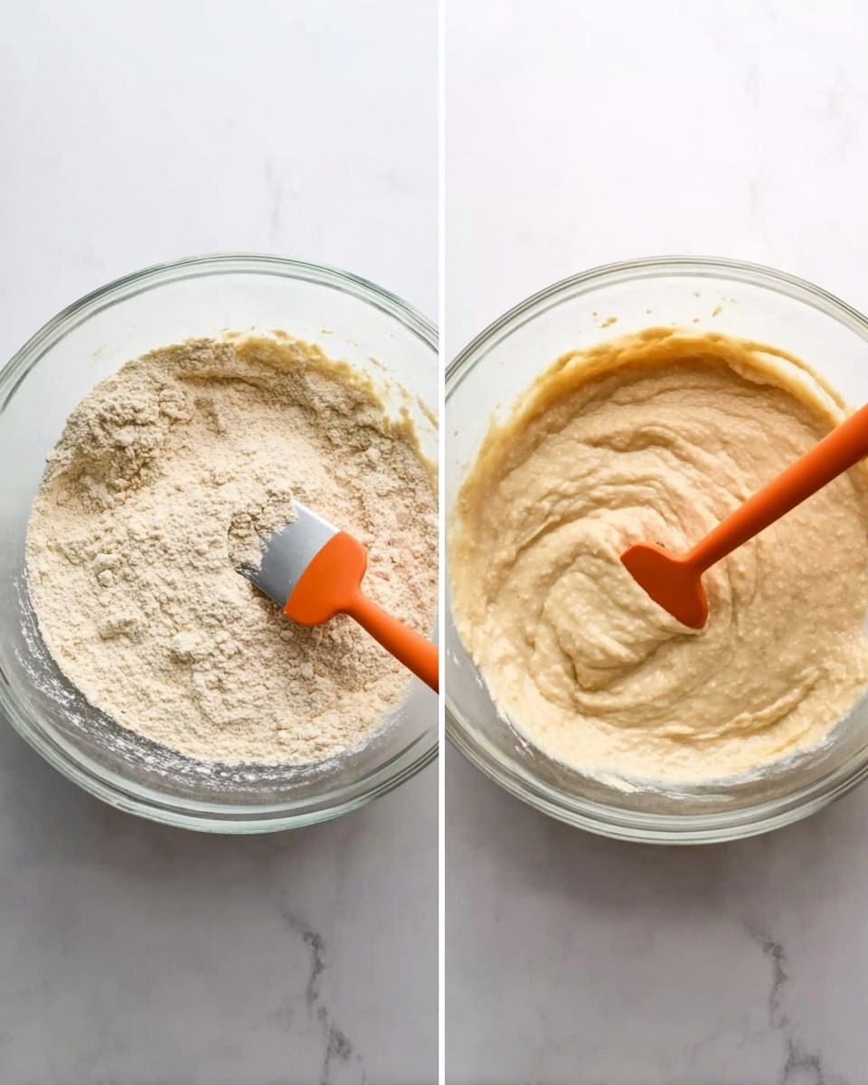 Two images side by side show a clear glass bowl on a white marbled surface. The left image shows light beige dry flour and light beige liquid being mixed with an orange spatula with a silver handle inside the bowl. The right image shows the mixture after stirring, thick and creamy with a texture like thick batter, still beige in color, with the orange spatula resting inside. photo taken with an iphone --ar 4:5 --v 7