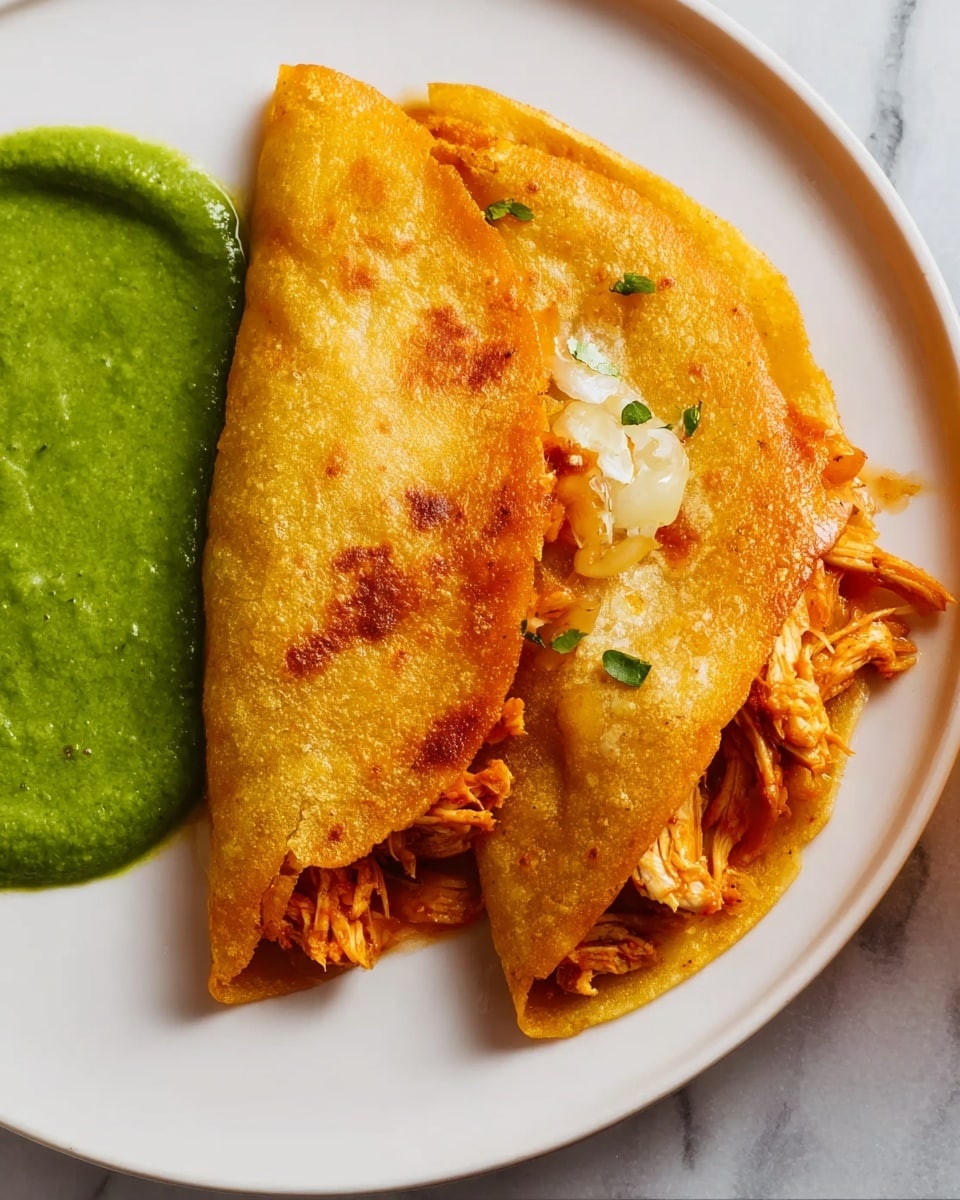 Two golden brown folded tortillas filled with shredded orange chicken, placed on a white plate. One tortilla is fully visible on top with a slightly shiny, crispy texture, while the second one is partly under the first. To the left of the tortillas is a thick, smooth green sauce spread on the plate. The background features a white marbled texture. photo taken with an iphone --ar 4:5 --v 7