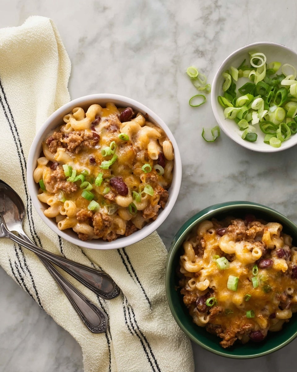 The image shows two bowls of baked macaroni and cheese with ground meat and kidney beans, both topped with melted golden cheese and green onion slices. The bowl on the left is white and has a light creamy baked mixture with small elbow pasta, browned meat, and beans spread evenly, topped with melted cheddar cheese patches and scattered green onion. The bowl on the right has the same food and toppings but is dark green, adding contrast. Above the bowls is a small white bowl filled with sliced green onions, and next to it are two silver spoons resting on a white marbled surface. A white cloth with thin black lines lies partly under the white bowl. photo taken with an iphone --ar 4:5 --v 7