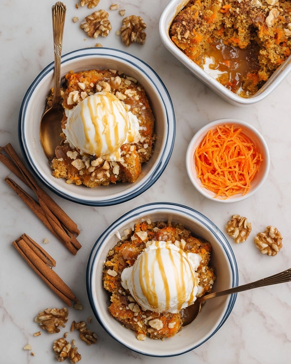 Two white bowls with blue rims filled with a dessert that has three main layers: a base of moist carrot cake pieces with orange carrot bits, a middle layer of gooey caramel sauce, and a scoop of white vanilla ice cream on top, drizzled with light brown caramel syrup, sprinkled with walnut pieces. Each bowl has a bronze spoon resting inside. Around the bowls, there are extra walnut pieces, two cinnamon sticks, a small white bowl with shredded carrot, and a white container filled with more carrot cake. All items sit on a white marbled surface. photo taken with an iphone --ar 4:5 --v 7