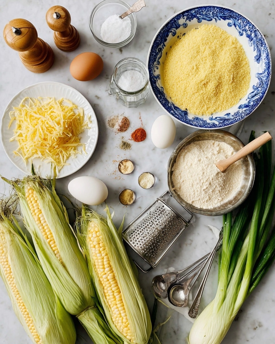 The image shows a white marbled surface filled with various cooking ingredients arranged neatly. There are three ears of corn with partially peeled green husks at the bottom. To the right, a white plate holds shredded yellow cheese and a metal grater resting on top. Above the cheese, a white bowl with blue patterns is filled with yellow cornmeal and a wooden scoop placed inside. Green onions with long green stalks lie in the center. On the left, a round white plate holds small piles of seasonings including salt, garlic powder, and paprika with two metal measuring spoons resting on it. Nearby are an egg, a small blue bowl of white flour, and a clear measuring cup with white sugar. A wooden pepper grinder and a glass bowl of salt are positioned at the top left. Photo taken with an iphone --ar 4:5 --v 7