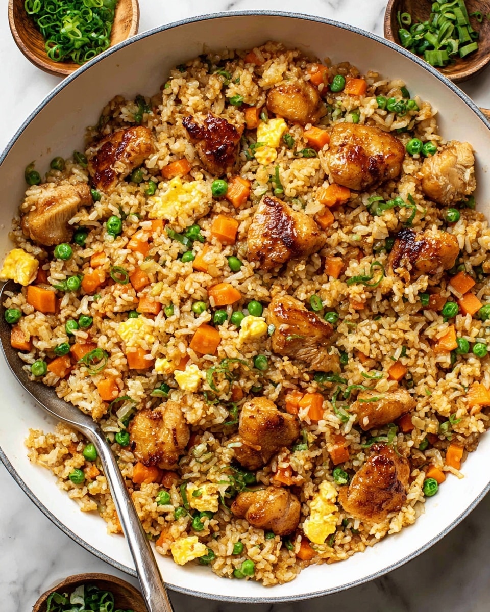 A white pan filled with fried rice mixed with bright orange carrot cubes, green peas, and small bits of yellow scrambled eggs, all scattered evenly throughout the dish. There are medium-sized browned chicken pieces sitting on top and throughout the rice, adding a rich caramel color and a slightly shiny texture. The rice grains are light brown, showing they are cooked with some sauce or soy, and the vegetables add bright pops of color. A silver spoon is placed inside the pan on the left side, partially buried in the rice, with the dish lying on a white marbled surface and small bowls of green onions and herbs in the top corners. photo taken with an iphone --ar 4:5 --v 7