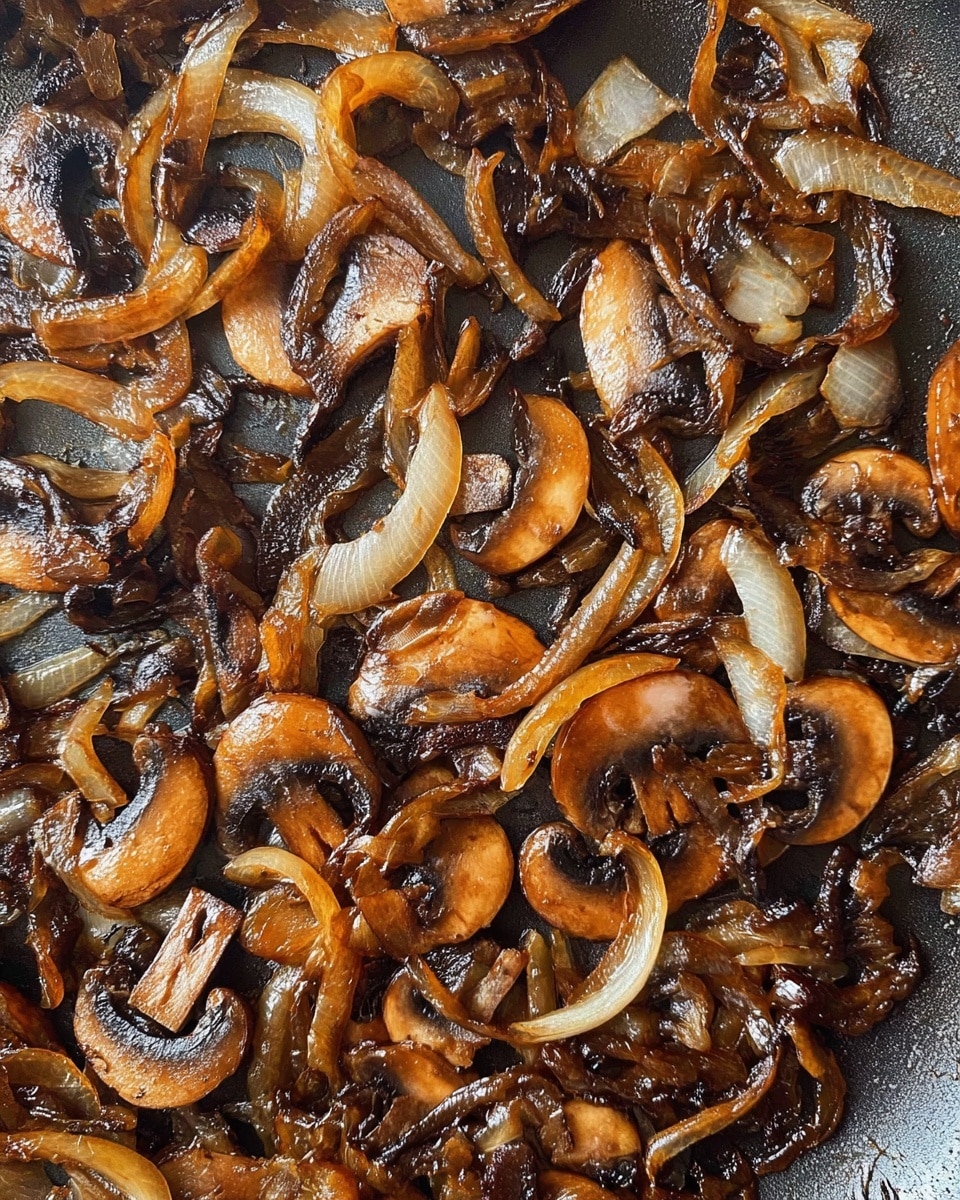 A close-up view of a black pan filled with cooked sliced mushrooms and thinly sliced onions, all in deep brown color with a slightly shiny texture, showing a mix of small and larger pieces spread evenly throughout the pan. The surface beneath the pan is a white marbled texture. photo taken with an iphone --ar 4:5 --v 7