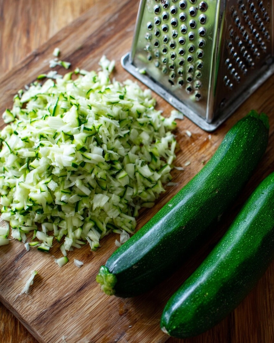 A wooden cutting board with a heap of freshly grated light green and white zucchini pieces on the left side. On the right side, two whole dark green zucchinis lay side by side, slightly shiny and smooth. In the top right, a metal box grater stands upright with some grated zucchini stuck on its holes. The wooden board has a natural grain texture and fills the background. photo taken with an iphone --ar 4:5 --v 7