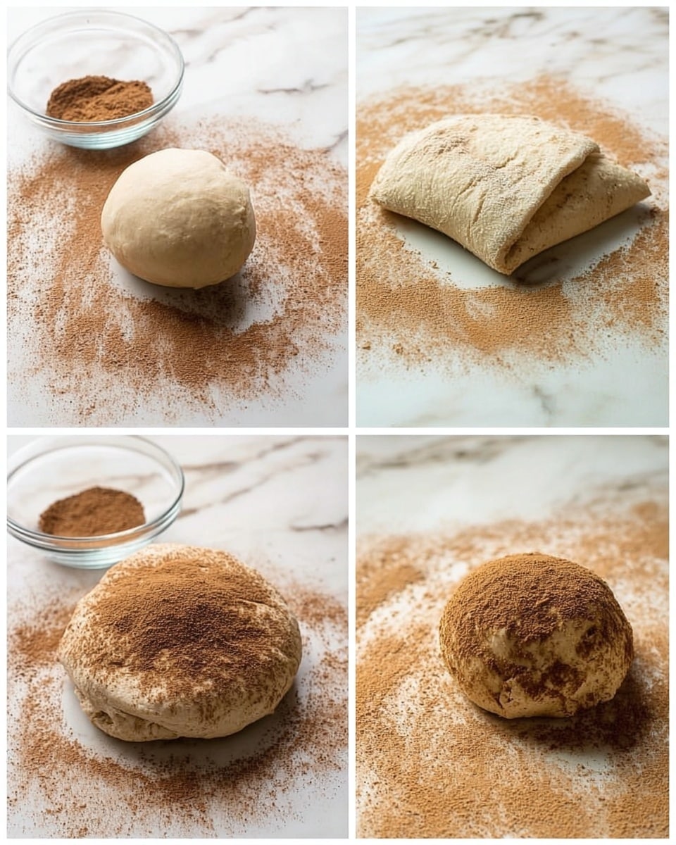 The images show four stages of preparing cinnamon dough on a white marbled surface sprinkled with cinnamon powder. The first stage has a smooth, pale dough ball resting on the cinnamon layer with a clear glass bowl of cinnamon nearby. In the second stage, half of the dough is folded, showing the pale side and a dusting of dark cinnamon powder on the folded part. The third stage shows the dough fully folded with thick layers of cinnamon powder covering the top, creating a textured look. The last stage displays the dough shaped into a round ball with a rough cinnamon-coated surface, surrounded by scattered cinnamon powder and the same glass bowl. Photo taken with an iphone --ar 4:5 --v 7