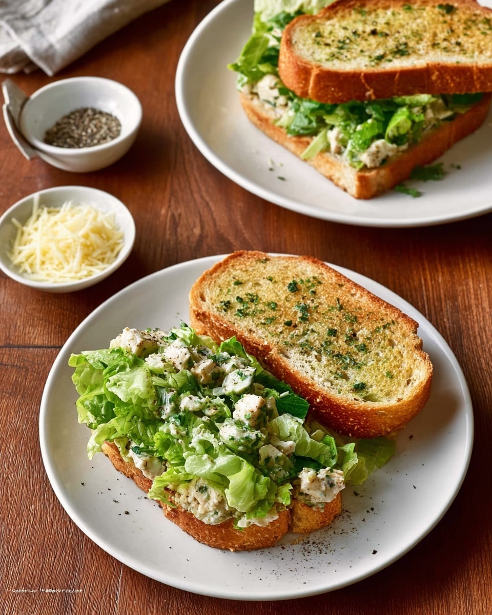 A sandwich with two slices of golden toasted bread forms the base, each slice showing a crispy texture with green herb bits on the surface. On top of the bread is a layer of chopped fresh green lettuce mixed with small white pieces of chicken or cheese, sprinkled with black pepper. The sandwich is served open-faced on a white plate placed on a brown wooden surface. Above it, another white plate holds the sandwich folded in half with the same filling peeking out. There are two small dishes beside the plates, one with black pepper and the other with grated pale yellow cheese. Photo taken with an iphone --ar 4:5 --v 7
