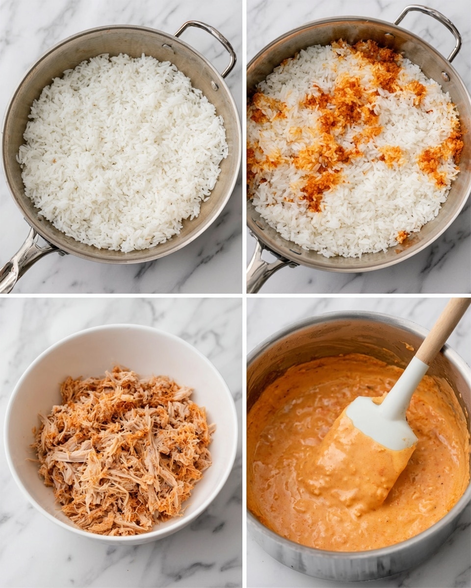 The first image shows a metal pan filled with a single layer of white rice spread evenly across the pan. The second image shows the same pan with some parts of the rice browned and crispy, with a slightly uneven texture. The third image is a white bowl holding shredded meat on one side and an orange creamy sauce poured over the other half, both sitting separately. The fourth image shows the same white bowl where the shredded meat and orange sauce have been mixed together into a smooth, light reddish-brown mixture with a silicone spatula inside. The background and surface for all images is a white marbled texture. photo taken with an iphone --ar 4:5 --v 7