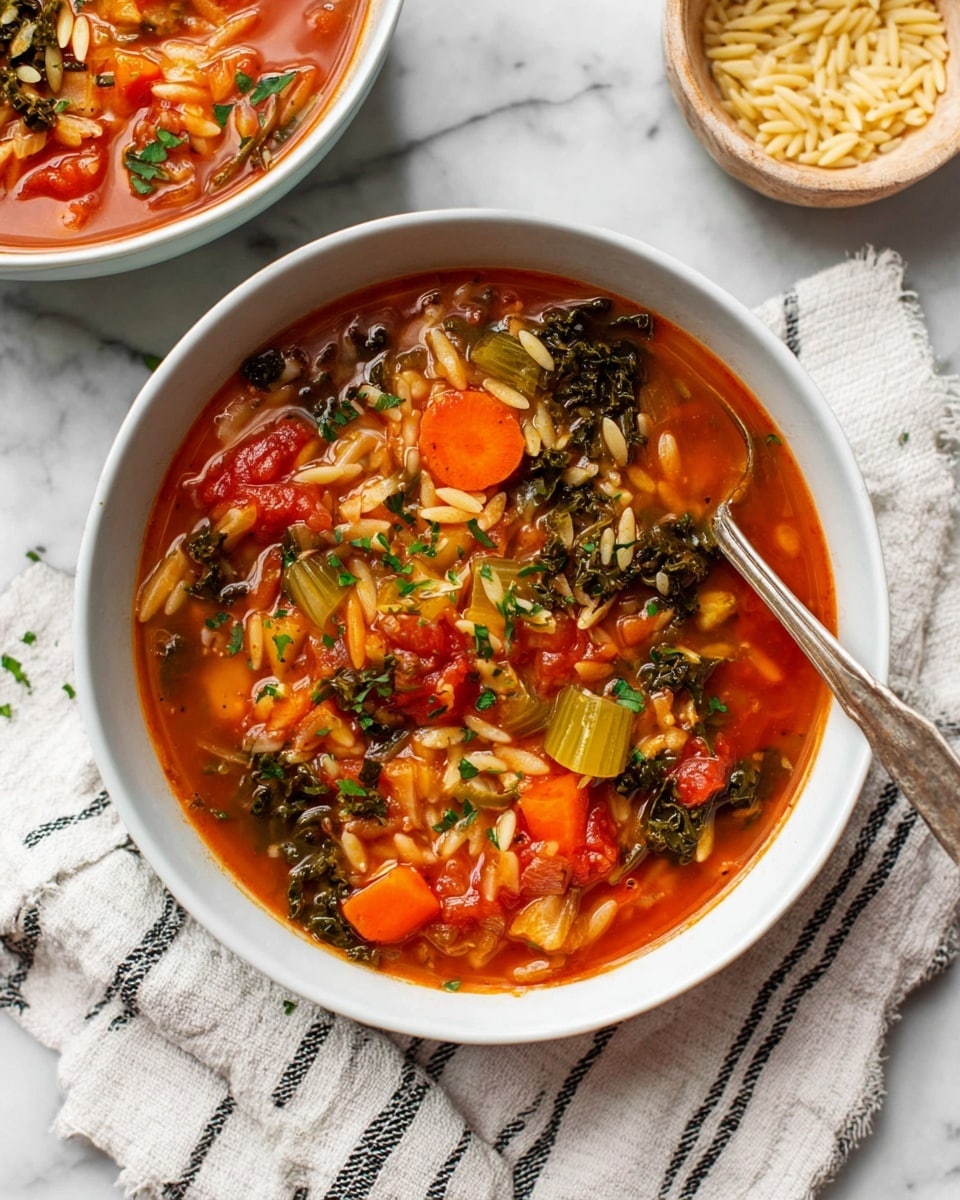 A white bowl filled with a chunky vegetable soup showing three main layers: a thick red tomato broth base, a middle layer of bright orange carrot slices and green celery pieces mixed with dark green kale leaves, and a top layer of small pale orzo pasta scattered on the surface, with bits of chopped parsley sprinkled throughout; a silver spoon rests inside the bowl on the right, placed on a white and black striped cloth over a white marbled surface, with another similar bowl partially visible at the top left corner and a small white bowl filled with dry orzo pasta in the background, photo taken with an iphone --ar 4:5 --v 7