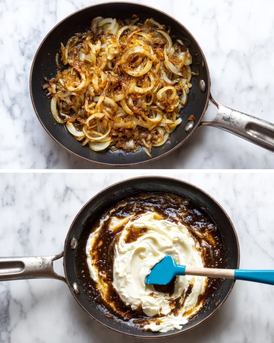 The image shows two black pans on a white marbled surface. The pan on the left contains cooked onion slices that are golden brown with some darker, slightly crispy parts. The onions are spread across the pan base, forming one layer. The pan on the right contains the same cooked onions in dark brown liquid sauce, with a thick, creamy white mixture being stirred in with a blue spatula, creating two visible layers: the onion and sauce base, and the creamy mixture partially mixed on top. Photo taken with an iphone --ar 4:5 --v 7