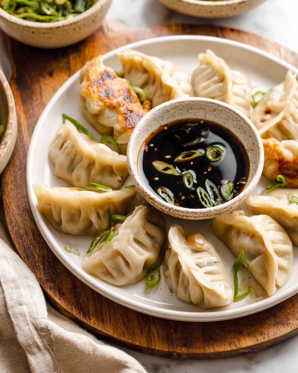 A white plate with nine dumplings arranged in a circle around a small round bowl of dark soy sauce with sliced green onions floating inside. The dumplings are light beige with soft, pleated edges and one side seared golden brown, showing a crispy texture. Some dumplings are garnished with thin chopped green onions. The plate is set on a wooden surface with a white marbled texture visible around it. Bowls with green food are blurred in the background, and a beige cloth napkin lies next to the plate. photo taken with an iphone --ar 4:5 --v 7