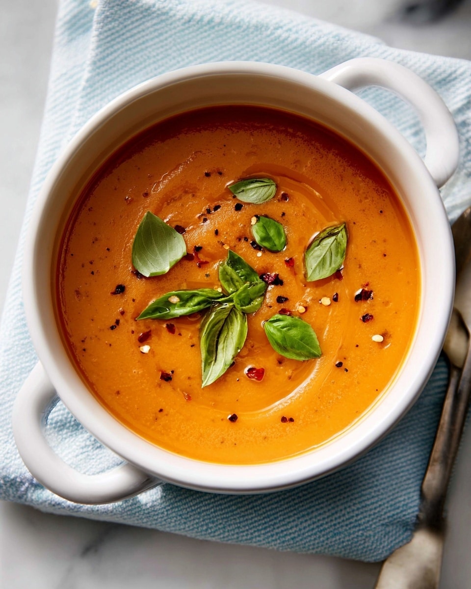 A smooth, rich orange soup fills a white bowl with two handles. On top, fresh green basil leaves scatter evenly, mixed with small bits of cracked black pepper and red chili flakes, adding texture and contrast. The soup's surface shows subtle swirls and a slight shine, suggesting creaminess. The bowl rests on a pale blue and white striped cloth on a white marbled surface. Photo taken with an iphone --ar 4:5 --v 7
