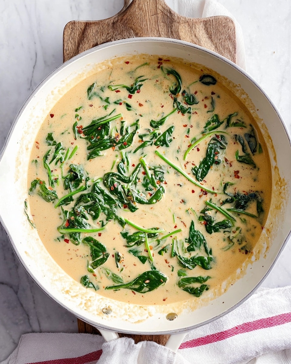 The image shows a white pan filled with a creamy sauce that has a light beige color with some small red specks throughout. Within the sauce, there are bright green leafy spinach pieces scattered evenly, some with stems still attached and gently floating on the surface. The spinach adds a fresh, leafy texture with visible veins and varying sizes, contrasting with the smooth sauce. The edges of the pan have some sauce residue, adding a bit of texture detail. The pan sits on a white marbled surface with wooden handles on both sides, and a white cloth with red stripes is visible on the right side. Photo taken with an iphone --ar 4:5 --v 7