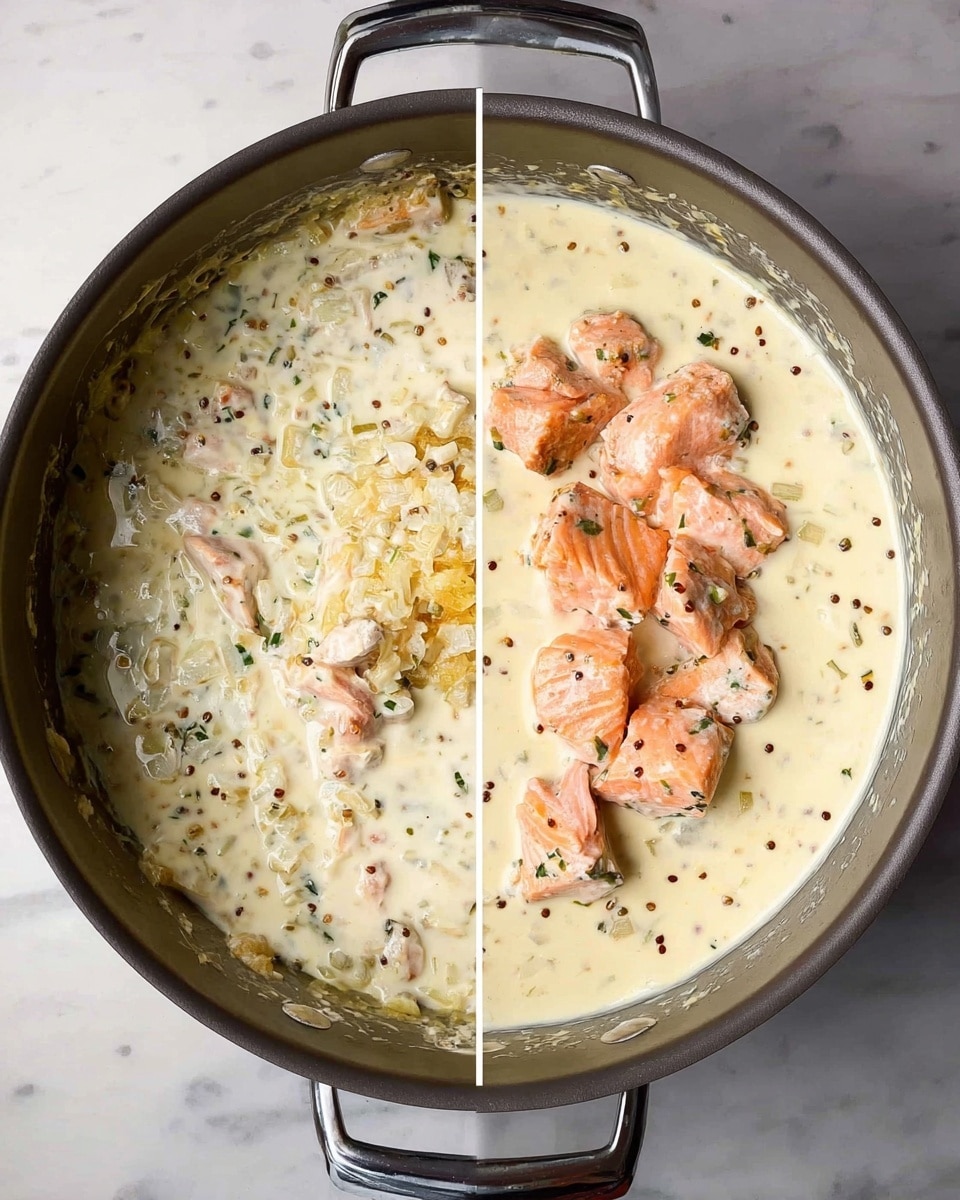 The image shows a round pot with two layers of cooking. The first layer is creamy white sauce mixed with small pieces of sautéed onions and green herbs evenly spread in the pot. On top of the sauce and centered in the pot, there are several chunks of cooked pink salmon, placed on the second layer of thick creamy mustard sauce with visible grainy mustard seeds and small bits of onion. The pot is placed on a white marbled surface. photo taken with an iphone --ar 4:5 --v 7