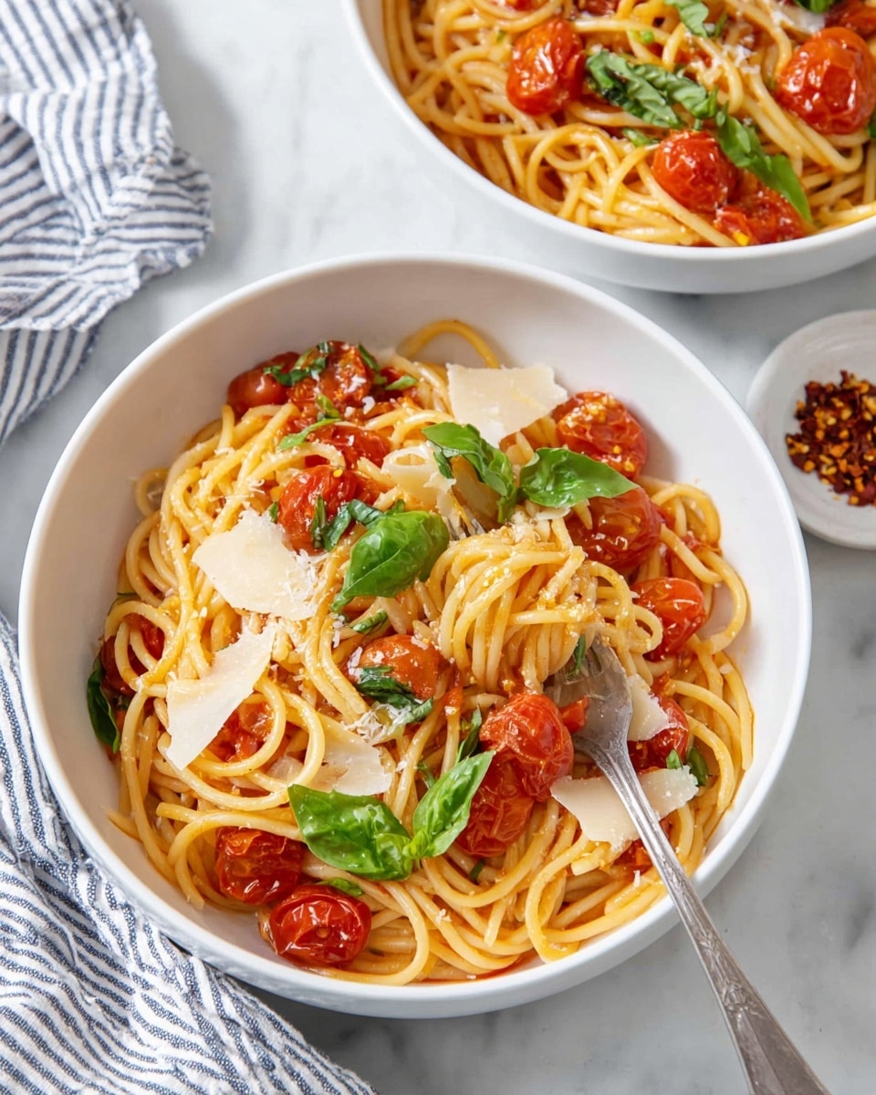 The image shows a white bowl filled with spaghetti pasta mixed with bright red cherry tomatoes and a light tomato sauce. The spaghetti strands are light yellow and twisted around a fork on the left side of the bowl. Pieces of fresh green basil leaves are scattered on top, along with thin, off-white shavings of cheese. Behind the main bowl, there is another white bowl with the same pasta dish, and to the upper right, a small white plate with red chili flakes is visible. The background is a white marbled surface with a striped cloth partially under the bowls. Photo taken with an iphone --ar 4:5 --v 7