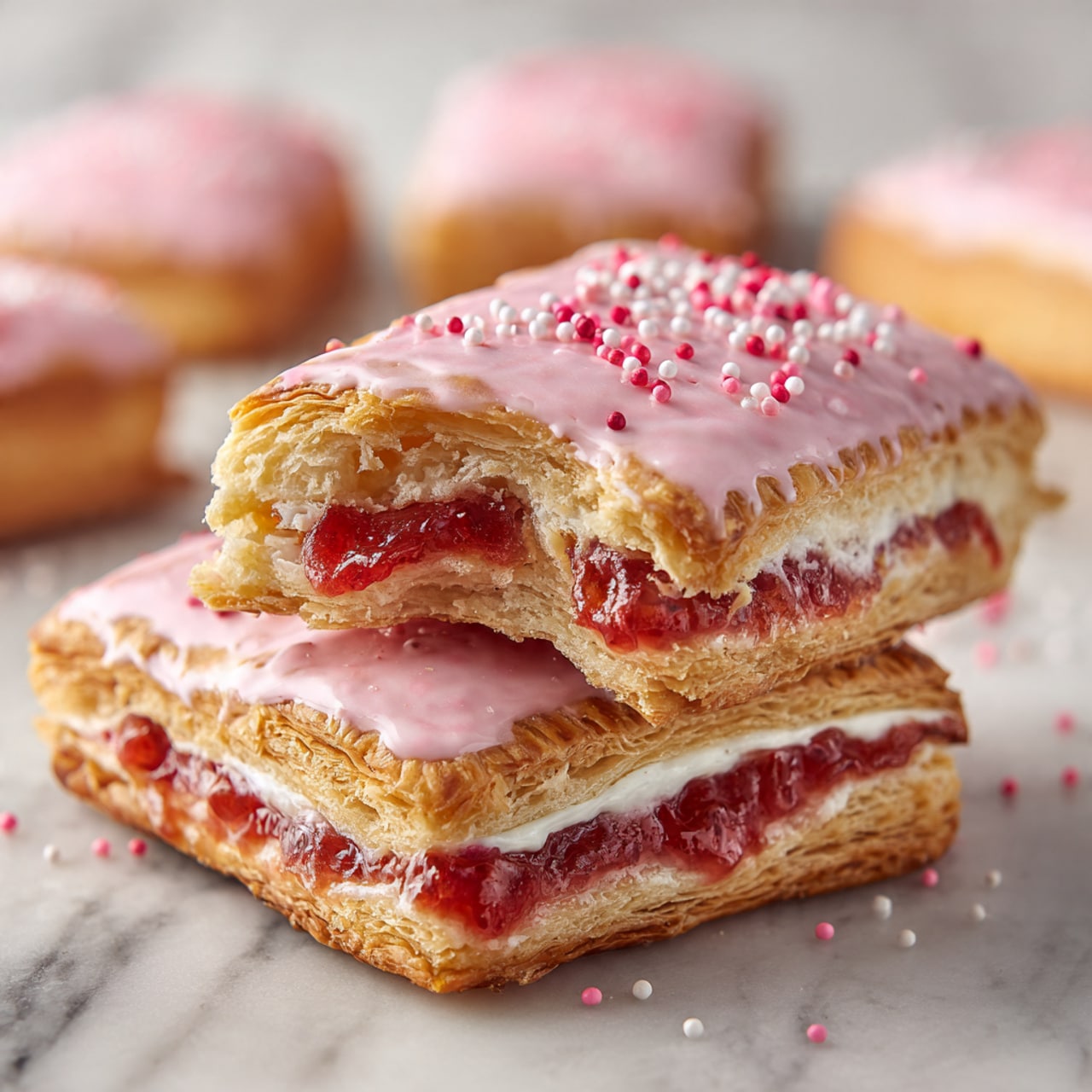 The image shows two rectangular pastries stacked on a white marbled surface, with the top one broken in half revealing its inside. The pastry layers include a golden-brown, flaky crust on the outside, a white creamy layer under a smooth pink icing on top, and a red fruit filling in the middle that looks juicy and sticky. The pink icing on top is decorated with small pink and red sprinkles. In the background, there are more pastries blurred out, placed on the white marbled surface. photo taken with an iphone --ar 4:5 --v 7